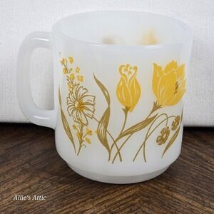 Glasbake Vintage Yellow Floral White Milk Glass MCM Coffee Cup Mug Daisy Decor